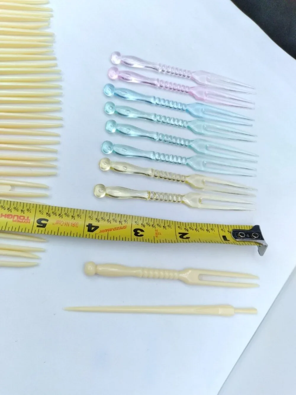 hors d'oeuvre fork tooth picks ivory tone and multicolored plastic vintage